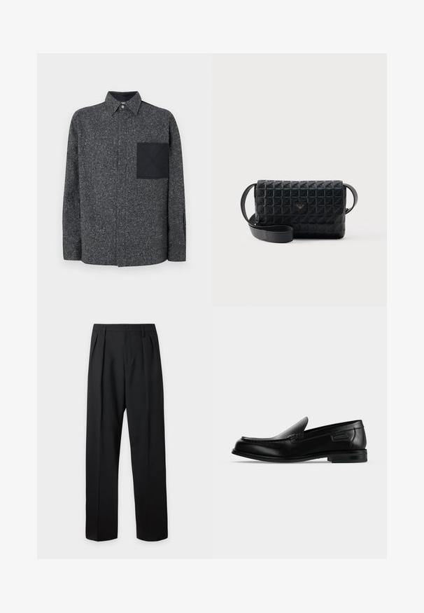 Iceberg Hemd - fantasia mix di grigi; Schwarze formelle Hose mit Bundfalten, Gürtelschlaufen und Knopfverschluss in der Taille, vor einem einfarbigen hellen Hintergrund dargestellt.; Schwarzer Leder-Slipper mit niedrigem Absatz, abgerundeter Spitze und dekorativer Naht entlang der oberen Kante.; Schwarze, strukturierte Umhängetasche mit Klappverschluss und kleinem Metalllogo auf der Vorderseite, vor einem schlichten Hintergrund präsentiert.