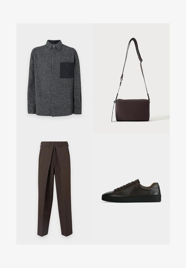 Iceberg Hemd - fantasia mix di grigi; BLUEMARBLE WORK PANT - Stoffhose - brown; Flach geschnittener dunkelbrauner Ledersneaker mit schwarzer Gummisohle, Schnürung vorne und schlicht-minimalistischem Design auf hellem Hintergrund.; Dunkelbraune, strukturierte Leder-Crossbody-Tasche mit verstellbarem Riemen und kleinem dekorativen blauen Akzent an der Seite.