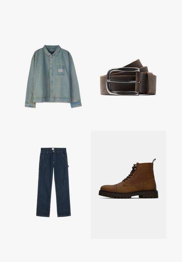 Lys blå denimjakke med spidse krave, lange ærmer, brystlomme og synlige sømme; afslappet pasform og slidt tekstur.; Mørkeblå denim bukser med lige ben, forlommer, bæltestropper og knaplukning i taljen.; Brun læder snørefri ankelstøvle med tyk sort sål og hængslet på en hvid baggrund.; Mørkebrun læderbælte snoet med en rektangulær, sølvtonet metalspænde indgraveret med "PME Legend."