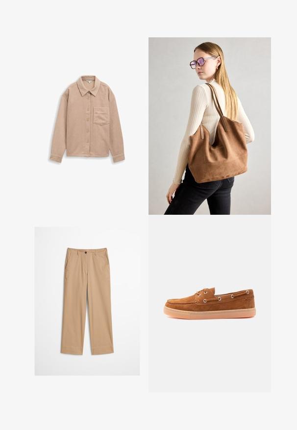 Beige corduroy skjortejakke med krave, fem-knaps lukning og en enkelt brystlomme. Blød tekstur med lodret ribb.; Beige bomuldsbukser med lige ben, knaplukning foran og en glat tekstur. Har standard bærestropper og flad frontdesign.; Brun ruskind bådsko med mokkasin-søm ved tåen, snørehuller og tanfarvet gummisål, vist i profil på hvid baggrund.; Brun ruskind tote taske med blød tekstur, stor åbning og lange stropper. Har et enkelt design med synlige syninger og ingen hardware.