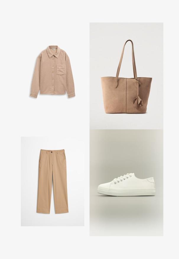 Camisa chaqueta de pana beige con cuello, cierre de cinco botones y un bolsillo en el pecho. Textura suave con acanalado vertical.; Pantalones de algodón beige con piernas rectas, cierre frontal con botones y textura suave. Cuenta con trabillas estándar para cinturón y diseño frontal plano.; Zapatilla blanca baja con cordones blancos y suela de goma mostrada desde vista lateral sobre un fondo neutro.; Bolso tote de ante en beige apagado con dos correas largas, un diseño sencillo y un detalle de adorno atado en un lado. Textura suave en toda la superficie.
