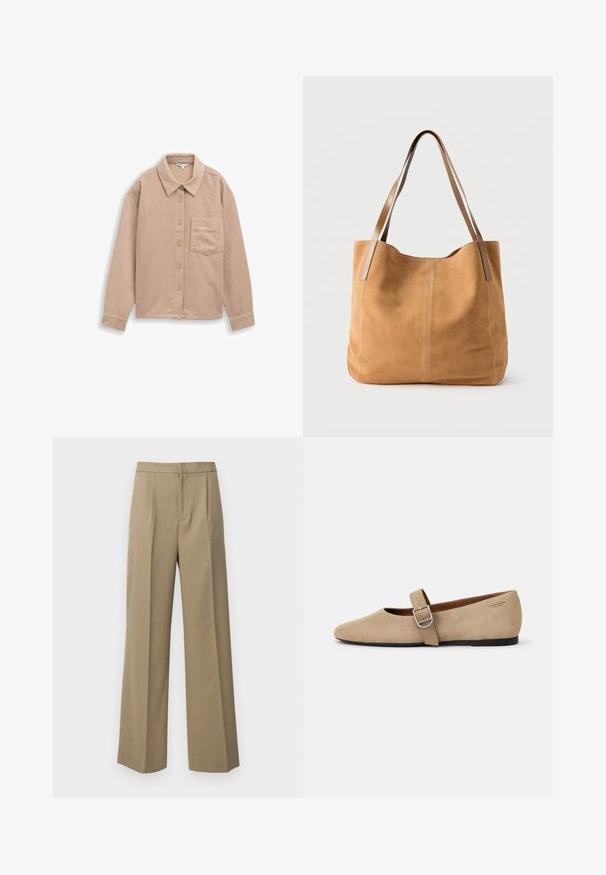 Veste-chemisier en velours côtelé beige avec col, fermeture à cinq boutons et une poche poitrine. Texture douce avec des rainures verticales.; Pantalons larges beige en tissu texturé. Avec des plis sur le devant et une taille plate. Pas de fermetures ni de poches visibles.; Ballerines en daim beige de style Mary Jane avec un bout pointu et une seule sangle réglable dotée d'une boucle en métal argenté. Semelle plate noire.; Sac fourre-tout en daim beige avec de longues anses en cuir marron clair, texture douce et couture simple sur un fond blanc uni.