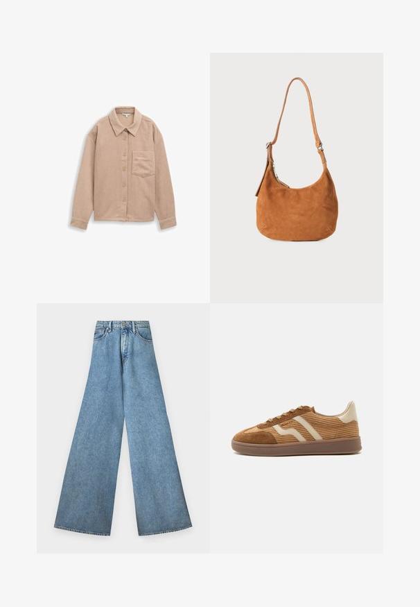 Beige corduroy skjortejakke med krave, fem-knaps lukning og en enkelt brystlomme. Blød tekstur med lodret ribb.; Good American PANELED WIDE LEG - Wide leg - indigo; Brun ruskind og kordfløjls sneaker med beige bølgede striber, snørebånd og en gummisål på hvid baggrund, sidebeskåret view.; Tan ruskinds skuldertaske med buet design, justerbar rem, metallynlås og præget logo-detail på forsiden.