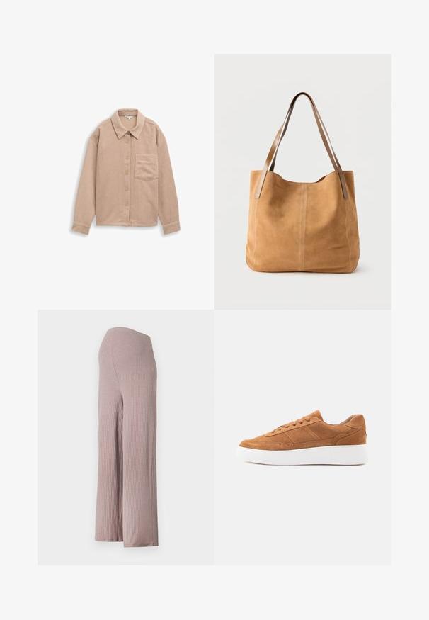 Beige corduroy skjortejakke med krave, fem-knaps lukning og en enkelt brystlomme. Blød tekstur med lodret ribb.; Lyserøde ribbede bukser med bred benvidde, glat tekstur og elastisk talje, der har en udvidet silhuet og blød fald.; Brun ruskind lavtop-sneakers med snørebånd foran og tyk hvid gummisål, vist i profil på en ensfarvet baggrund.; Beige ruskindtaske med lange lysebrune læderstropper, blød tekstur og enkel syning på en ensfarvet hvid baggrund.