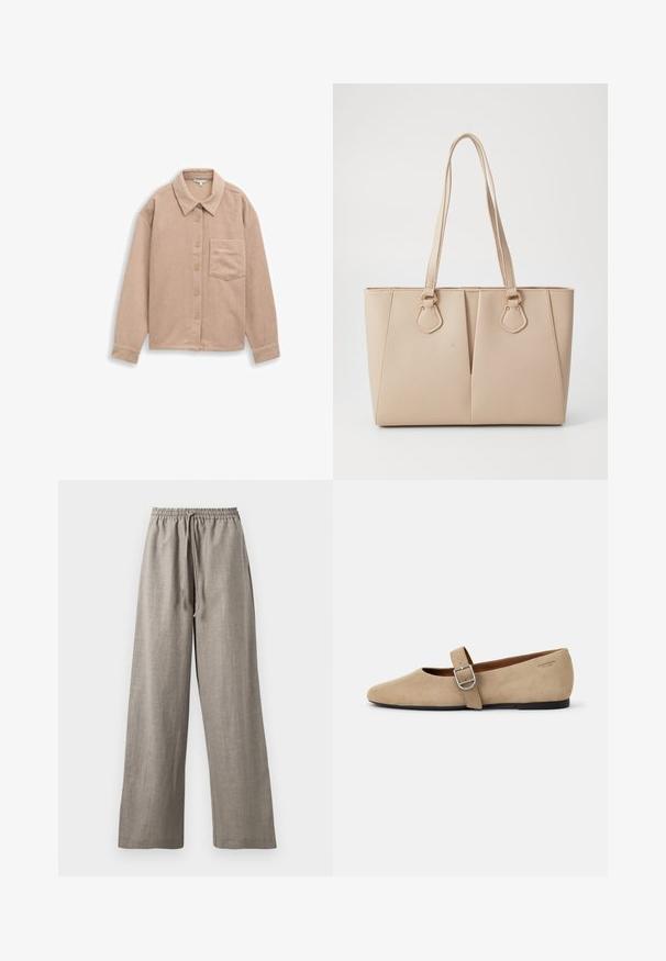 Beige corduroy skjortejakke med krave, fem-knaps lukning og en enkelt brystlomme. Blød tekstur med lodret ribb.; Lys grå, vide bukser lavet af et struktureret stof med elastisk talje og snørre til justerbar pasform.; Beige ruskind Mary Jane flade sko med spids tå og et enkelt justerbart strop med en sølv spænde. Sort flad sål.; Beige tote taske lavet af tekstureret kunstlæder, med dobbelte håndtag og guldfarvede hardware accenter. Designet inkluderer en delt frontdetalje.