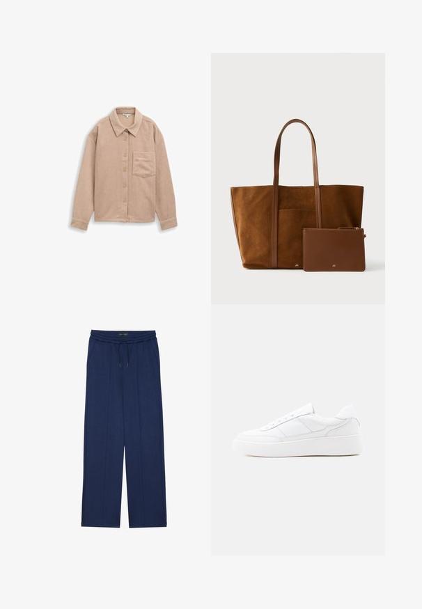Beige corduroy skjortejakke med krave, fem-knaps lukning og en enkelt brystlomme. Blød tekstur med lodret ribb.; Anna Field by Zalando Træningsbukser - dark blue; Hvid lavtop-sneaker med tyk sål, snørelukning og diskrete syningsdetaljer på en ensfarvet lys baggrund.; Brun ruskindstaske med to lange håndtag, der har en forlomme, ledsaget af en lille brun læderpung med lynlås.
