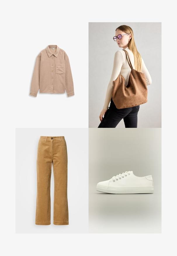 Veste-chemisier en velours côtelé beige avec col, fermeture à cinq boutons et une poche poitrine. Texture douce avec des rainures verticales.; Pantalons en velours côtelé marron à jambes droites avec fermeture à bouton et à glissière, passants de ceinture et poches latérales sur fond blanc.; Baskets basses blanches avec lacets blancs et semelle en caoutchouc, vues de côté sur un fond neutre.; Sac fourre-tout en daim marron avec une texture douce, grande ouverture et longues sangles. Présente un design simple avec des coutures visibles et sans matériel.