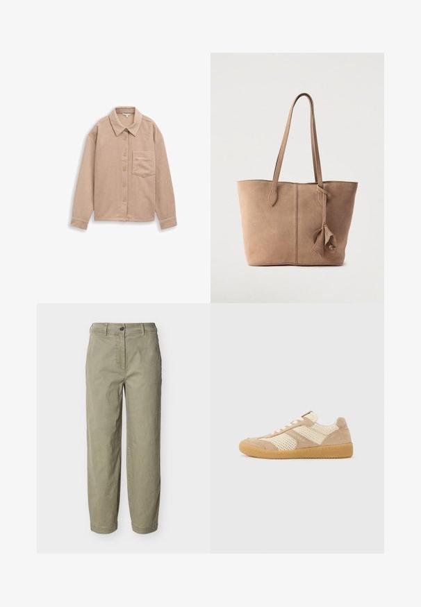 Camisa chaqueta de pana beige con cuello, cierre de cinco botones y un bolsillo en el pecho. Textura suave con acanalado vertical.; Pantalones rectos color caqui claro con trabillas para cinturón, cierre de botón y bragueta con cremallera, expuestos sobre un fondo liso.; Zapatilla de perfil bajo en tonos beige y crema con paneles de malla y ante, cordones blancos y suela de goma color caramelo, vista de lado sobre un fondo liso.; Bolso tote de ante en beige apagado con dos correas largas, un diseño sencillo y un detalle de adorno atado en un lado. Textura suave en toda la superficie.