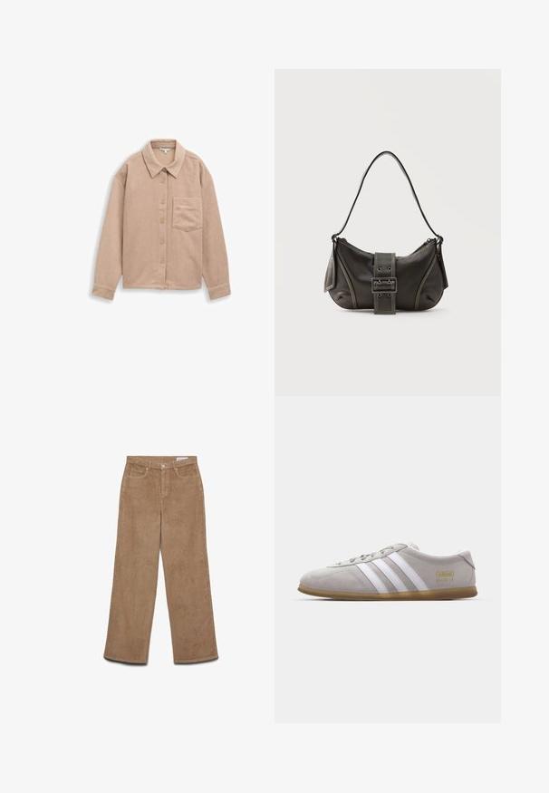 Beige corduroy overhemdjack met een kraag, een sluiting met vijf knopen en een enkele borstzak. Zachte textuur met verticale ribbels.; Corduroy broek met wijde pijpen in bruin. Beschikt over een gestructureerde stof, vijf zakken en een knoopsluiting. Rechte snit van heup tot zoom.; Grijze suede sneaker met witte leren strepen en gouden logo detail. Platte gum zool, ronde neus en klassiek vetersluitingssysteem.; Zwarte leren schoudertas met gespsluiting aan de riem, afgeronde hoeken en contrasterende witte stiksels op een effen achtergrond.