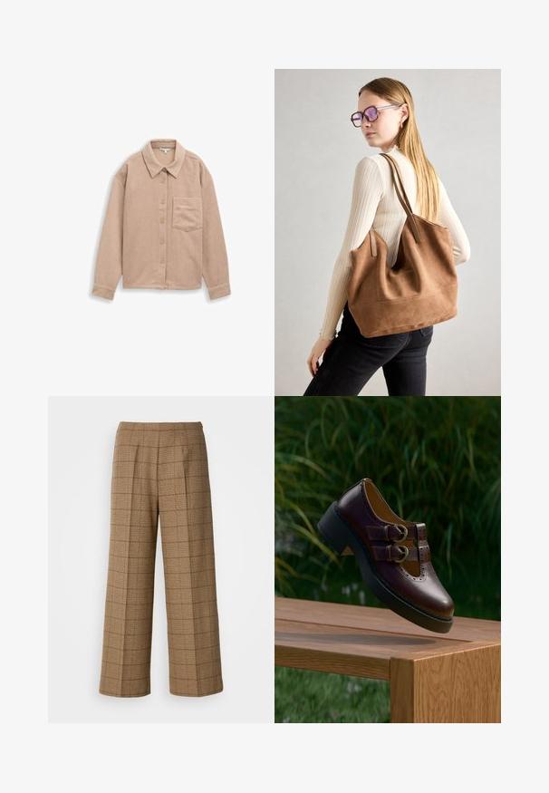 Beige corduroy overhemdjack met een kraag, een sluiting met vijf knopen en een enkele borstzak. Zachte textuur met verticale ribbels.; Bruin geruite wijde pantalon met een op maat gemaakte pasvorm, gekenmerkt door een textuurstof en voorplooien voor extra structuur.; Donkerbruine leren schoen met dubbele gespbanden, geperforeerde details en dikke zwarte zool, hangend boven een houten tafel buiten.; Bruine suède totebag met zachte textuur, grote opening en lange hengsels. Het heeft een eenvoudig ontwerp met zichtbare stiksels en geen hardware.
