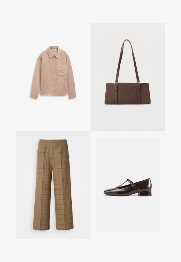Beige corduroy overhemdjack met een kraag, een sluiting met vijf knopen en een enkele borstzak. Zachte textuur met verticale ribbels.; Bruin geruite wijde pantalon met een op maat gemaakte pasvorm, gekenmerkt door een textuurstof en voorplooien voor extra structuur.; Bruine lakleren Mary Jane-schoenen met een afgeronde neus, een uitgesneden ontwerp en een verstelbare riem. Lage blokhak.; Bruine rechthoekige schoudertas met lange riemen en minimale stikdetails op een effen achtergrond.