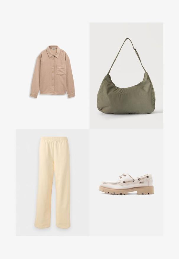 Beige corduroy skjortejakke med krave, fem-knaps lukning og en enkelt brystlomme. Blød tekstur med lodret ribb.; Lyse beige bukser med lige ben og elastisk talje, vist fladt på en ensfarvet lys baggrund.; Hvid læder bådsko med beige gummisål med slidbanemønster, sidelukning med snørebånd og kontrastsyning, mærket med et lille metal logo.; Skuldertaske i blødt olivengrønt stof med lynlås og justerbar rem på ensfarvet, lyst baggrund.
