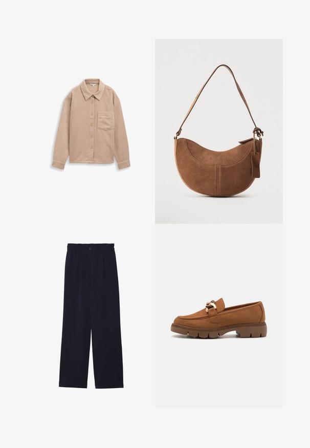 Beige corduroy skjortejakke med krave, fem-knaps lukning og en enkelt brystlomme. Blød tekstur med lodret ribb.; Marineblå brede bukser med en glat tekstur, elastisk talje, enkel frontfold og en knaplukning i taljen.; Brune ruskindsloafers med en dekorativ kæde i guldfarve, der har en tekstureret gummisål og rund tådesign.; Brun ruskinds håndtaske med en buet, halvmåneformet silhuet. Har en skulderrem, et lille mærke og synlige sømme langs kanterne.
