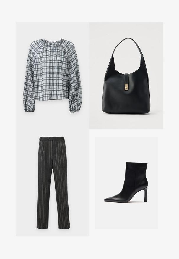 Blouse à carreaux en tissu léger, avec un col rond, de longues manches bouffantes et un devant froncé. Les couleurs incluent le gris et le noir.; Pantalons rayés gris en tissu tissé. Dotés d'une taille haute, de plis avant et d'une coupe droite. Fermeture à bouton standard.; Zign Bottines à talons hauts - black; Sac hobo en cuir noir à finition texturée, doté d'un fermoir doré et d'une anse incurvée unique pour un port à l'épaule.