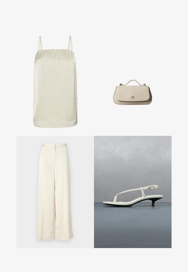 Top caraco beige en satin sans manches avec fines bretelles doubles et un col droit.; Pantalons à jambes larges en crème, fabriqués dans un tissu lisse. Caractéristiques d'une taille plate à l'avant, de plis le long des jambes et d'une coupe décontractée tout au long.; Sandale blanche à talon kitten avec des lanières et un bout pointu, flottant au-dessus d'un sol en carrelage en bois en plein air avec un arrière-plan flou de plante et de mur.; Petit sac à main en cuir beige avec poignée supérieure et logo CK argenté sur le rabat avant, présenté sur fond blanc.