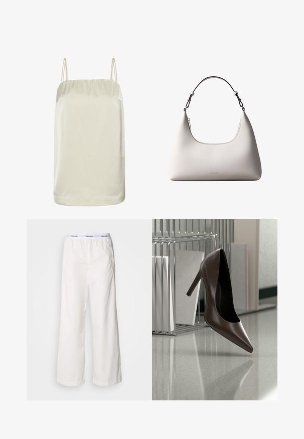Top caraco beige en satin sans manches avec fines bretelles doubles et un col droit.; Pantalons larges blancs avec une taille élastique arborant un logo Calvin Klein en contraste. Fabriqués à partir d'un tissu lisse, ils offrent une coupe décontractée.; Chaussure en cuir marron foncé à talon haut flottant au-dessus d'un sol réfléchissant près d'une étagère métallique avec des panneaux blancs dans une pièce.; Sac à bandoulière en cuir couleur crème de Calvin Klein avec bord supérieur incurvé, fermeture éclair argentée et sangle ajustable brun foncé.