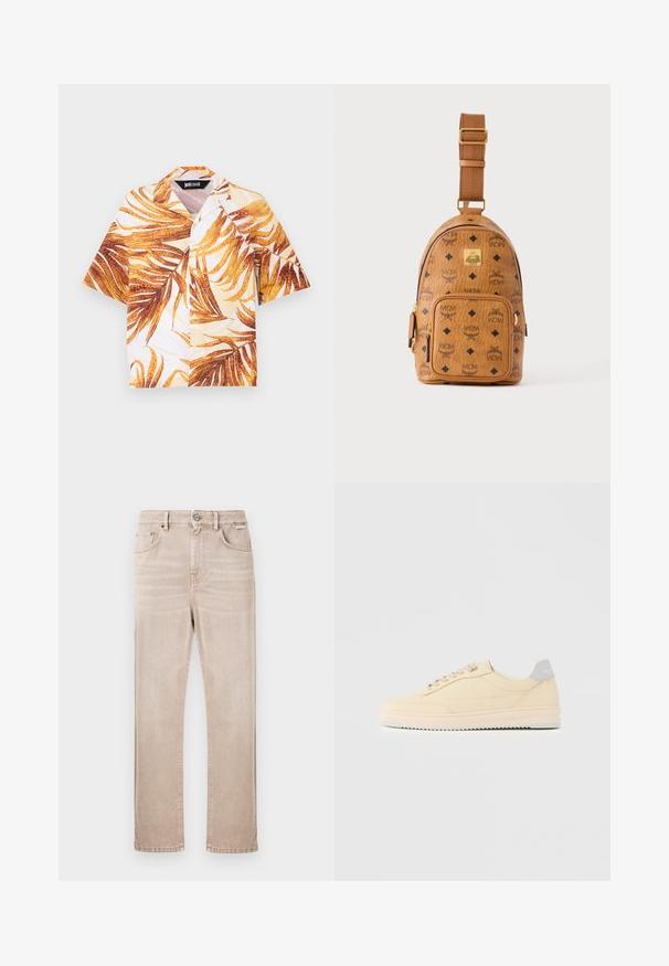 Chemise à manches courtes avec boutons, imprimé de feuilles tropicales jaunes et brunes, et col style camp.; Jean en denim beige avec une coupe droite, cinq poches et une fermeture avant par bouton. Présente un léger dégradé et des détails de couture.; Baskets basses beige à lacets, semelle rose clair et languette grise à l'arrière marquée "Filling Pieces", vues de profil sur fond uni.; Petit sac bandoulière en cuir beige avec bandoulière réglable, poche zippée à l'avant et motif répété du logo noir MCM.