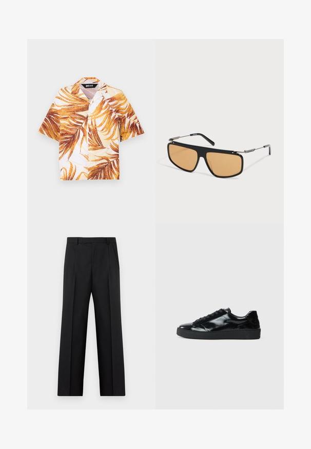 Chemise à manches courtes avec boutons, imprimé de feuilles tropicales jaunes et brunes, et col style camp.; Pantalon noir habillé à jambes droites avec plis avant, poches latérales et taille avec passants de ceinture, présenté à plat sur un fond blanc.; Baskets en cuir verni noir avec un bout arrondi, un laçage, une semelle en caoutchouc texturé et une finition lisse.; Lunettes de soleil à monture noire avec des verres rectangulaires teintés orange et des branches métalliques fines reposant sur une surface blanche.