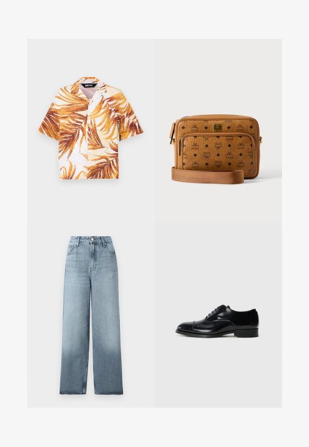 Chemise à manches courtes avec boutons, imprimé de feuilles tropicales jaunes et brunes, et col style camp.; Jean bleu clair taille haute, jambes larges, avec fermeture à boutons et fermeture éclair, poches avant et passants pour ceinture sur un fond uni.; Chaussure de ville en cuir noir avec une finition polie, bout rond, design à lacets et un petit talon empilé, présentant un détail de couture subtil.; Sac bandoulière en cuir fauve avec logos MCM noirs, poche avant zippée, plaque dorée et sangle en tissu réglable sur fond blanc.