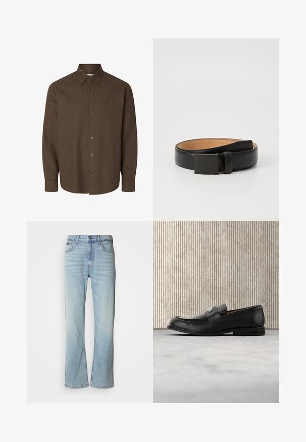 Bruin overhemd met lange mouwen en knopen, klassieke kraag en manchetten met één knoop, afgebeeld tegen een witte achtergrond.; Lichtblauwe denim jeans met een rechte pijp, voorzien van vijf zakken, een knoopsluiting en subtiele vervaging op de stof.; Zwarte leren loafer met een metalen merktekenplaatje, rustend bij een bruine ronde tafel op een beige tapijtvloer.; Zwarte leren riem met een gladde afwerking, voorzien van een rechthoekige zwarte metalen gesp en een beige binnenvoering. Eenvoudig, klassiek ontwerp.