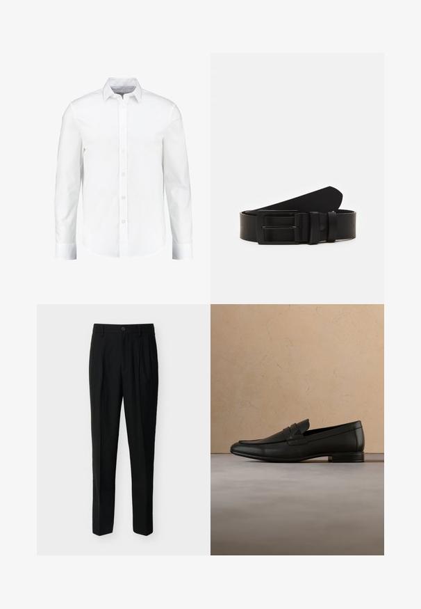 Chemise blanche à manches longues à boutons, fabriquée en coton lisse. Dotée d'un col classique et d'une fermeture à boutons à l'avant avec un ourlet droit.; Pantalon noir taille haute, ajusté, avec passants de ceinture, plis à l'avant, poches latérales et fermeture boutonnée avec zip.; Mocassin en cuir noir flottant au-dessus d'un tapis beige avec un canapé beige dans un intérieur minimaliste.; Ceinture en cuir noir roulée avec une boucle en métal rectangulaire noir mat et deux passants sur fond blanc.