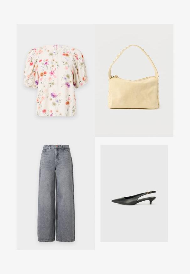 Blusa floral con mangas abullonadas, con un fondo crema y patrones de flores coloridos en tonos de rosa, púrpura y verde.; Jeans de denim de pierna ancha en un lavado gris desgastado, con cinco bolsillos, cierre de botón y una textura suave con sutiles detalles de desgaste.; Zapato de tacón slingback negro de punta afilada, hecho de cuero suave. Presenta un tacón delgado y un detalle de hebilla en la correa ajustable.; Pequeño bolso de cuero beige con una sola correa y tachuelas plateadas a lo largo de los bordes y la correa, sobre un fondo liso.