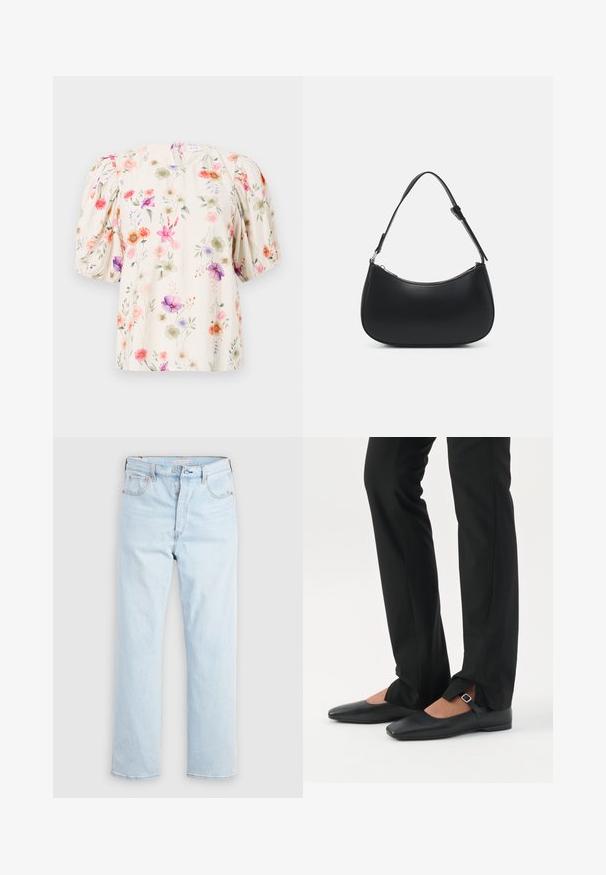 Blomstret bluse med puffærmer, der har en cremefarvet baggrund og farverige blomstermønstre i nuancer af pink, lilla og grøn.; Lyseblå jeans med højtaljet, lige ben, knapgylp samt lommer foran og bagpå på ensfarvet hvid baggrund.; Ben iført sorte smalle bukser med forreste slidser ved kanten, parret med sorte flade Mary Jane-sko med lille spænde.; Pieces PCALUANA SHOULDER BAG - Håndtasker - black