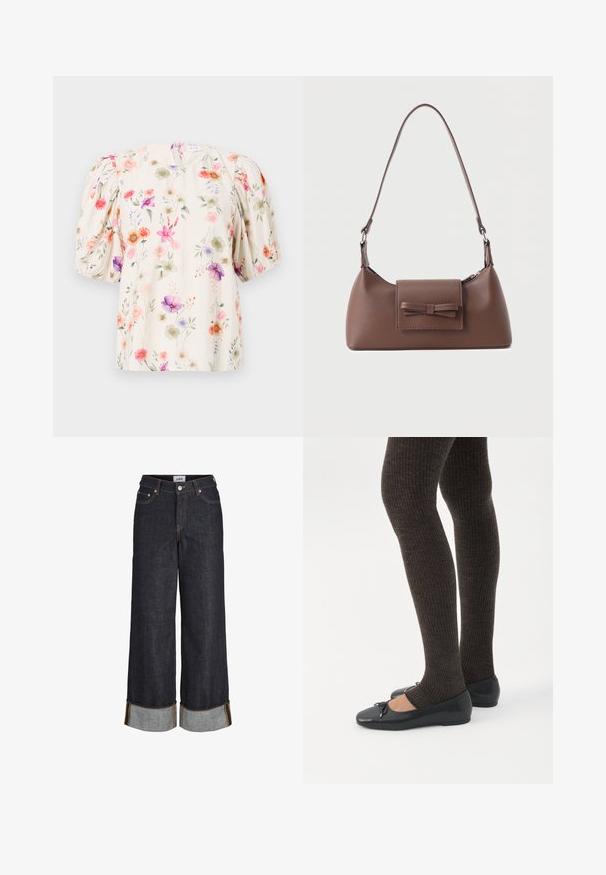 Blouse florale avec manches bouffantes, présentant un fond crème et des motifs de fleurs colorées dans des teintes de rose, violet et vert.; Jean large bleu foncé avec ourlets retroussés, cinq poches et surpiqûres contrastantes jaunes.; Jambes portant des leggings côtelés foncés associés à des ballerines noires avec de petits détails en nœud sur fond blanc.; Sac à bandoulière en cuir marron avec une poche à rabat avant ornée d'un détail en forme de nœud cousu et une sangle réglable.
