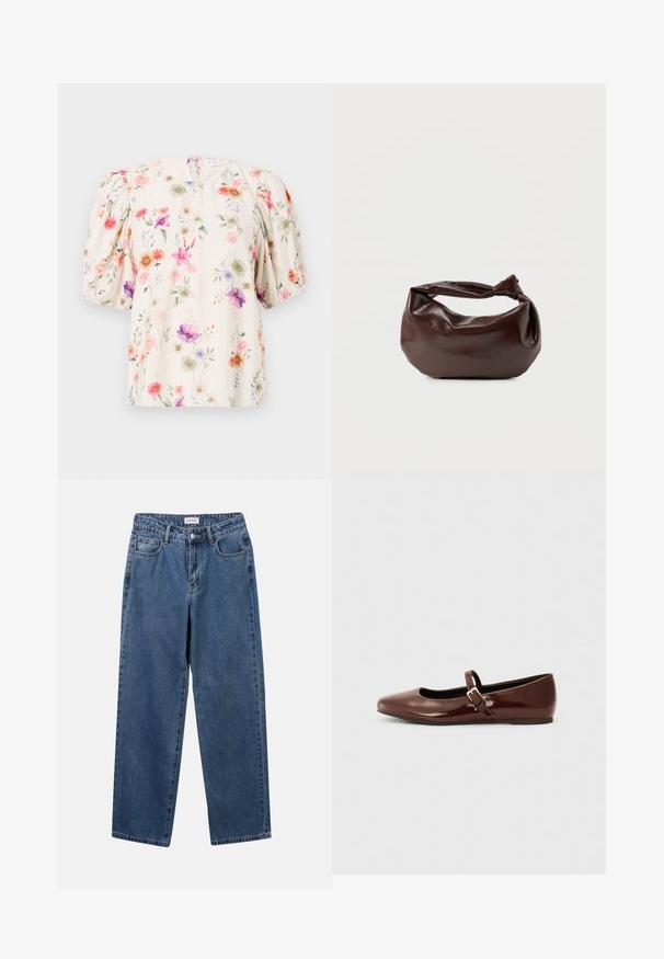 Blomstret bluse med puffærmer, der har en cremefarvet baggrund og farverige blomstermønstre i nuancer af pink, lilla og grøn.; Klassiske blå denimbukser med lige ben, fem lommer og knaplukning. Har en medium vask og en robust tekstur.; Brun patentlæder balletflade med firkantet tå og strop med en lille guldbuckle. Glat tekstur, lav hæl og minimalistisk design.; Mørkebrun læder skuldertaske med en blød, afslappet form og et snoet knudehåndtag på en ensartet hvid baggrund.