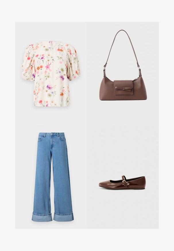 Blusa floral con mangas abullonadas, con un fondo crema y patrones de flores coloridos en tonos de rosa, púrpura y verde.; Los vaqueros de denim azul claro de pierna ancha presentan una cintura alta, puños enrollados, un diseño de cinco bolsillos y un cierre de botón con cremallera.; Bailarina de charol marrón con punta cuadrada y tira que presenta una pequeña hebilla dorada. Textura suave, tacón bajo y diseño minimalista.; Bolso bandolera de cuero marrón con un bolsillo frontal de solapa que presenta un detalle de moño cosido y una correa ajustable.