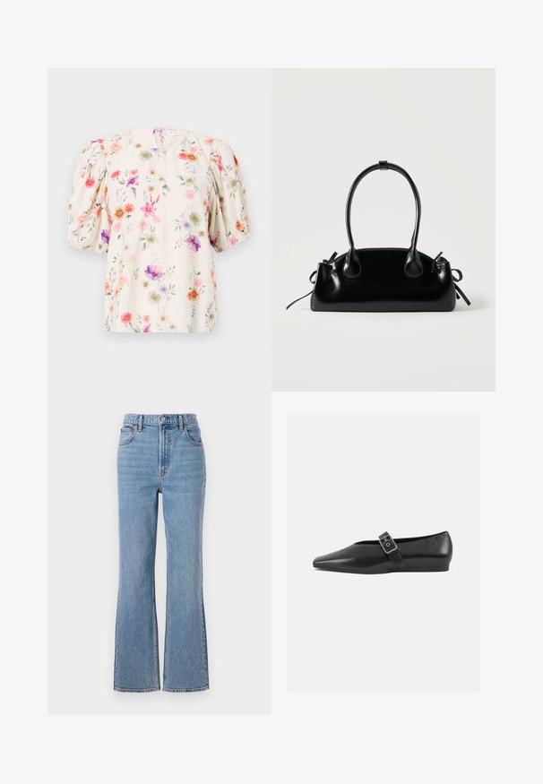 Blomstret bluse med puffærmer, der har en cremefarvet baggrund og farverige blomstermønstre i nuancer af pink, lilla og grøn.; Abercrombie & Fitch FRONT TO BACK TONAL STRAIGHT - Jeans Relaxed Fit - blue denim; Sorte læder flade sko med spidse tæer, prydet med en metallisk spænde over vristen og en lav, fleksibel sål.; Lille sort blank håndtaske med to lange håndtag og snøre-detaljer i siden på en ensfarvet lys baggrund.