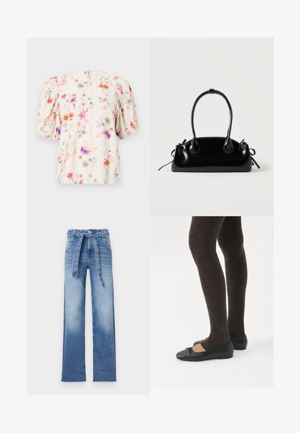 Blusa floral con mangas abullonadas, con un fondo crema y patrones de flores coloridos en tonos de rosa, púrpura y verde.; Pantalones de denim azul claro de talle alto con un diseño de pierna ancha, que cuentan con un cinturón de lazo en la cintura y un efecto de lavado desvanecido.; Piernas con leggings oscuros acanalados combinados con bailarinas negras que presentan pequeños detalles de lazo sobre un fondo blanco.; Pequeño bolso negro brillante con dos asas largas y detalles de cordón lateral sobre un fondo claro liso.