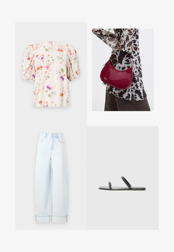 Blomstret bluse med puffærmer, der har en cremefarvet baggrund og farverige blomstermønstre i nuancer af pink, lilla og grøn.; Lyseblå vidde jeans lavet af denim, med høj talje, forlommer og en rullet kant med synlige syninger.; Sorte flade sandaler med to slanke stropper, lavet af glat materiale. Har en rektangulær sål og en tekstureret strop. Minimalistisk design.; Kvinde iført en sort- og hvidmønstret bluse, der holder en blank rød skuldertaske mod en ensfarvet baggrund.
