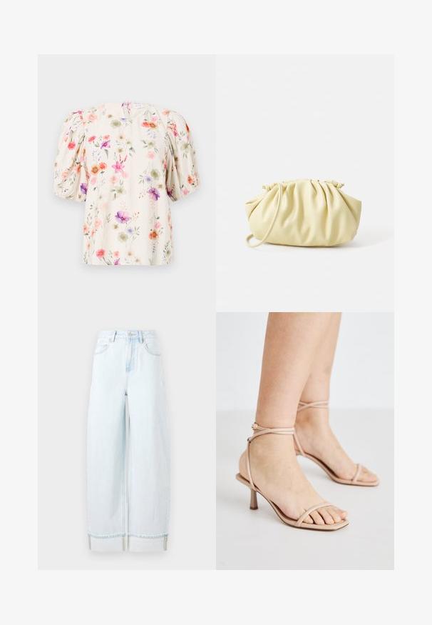 Blomstret bluse med puffærmer, der har en cremefarvet baggrund og farverige blomstermønstre i nuancer af pink, lilla og grøn.; Lyseblå vidde jeans lavet af denim, med høj talje, forlommer og en rullet kant med synlige syninger.; Nude strop sandals med en tynd ankelrem, et firkantet tådesign og en lille blokhælt. Glat tekstur med minimal detaljering.; Gul plisseret håndtaske lavet af glat kunstlæder, med en blød form, en enkelt skulderrem og samlet topdesign.