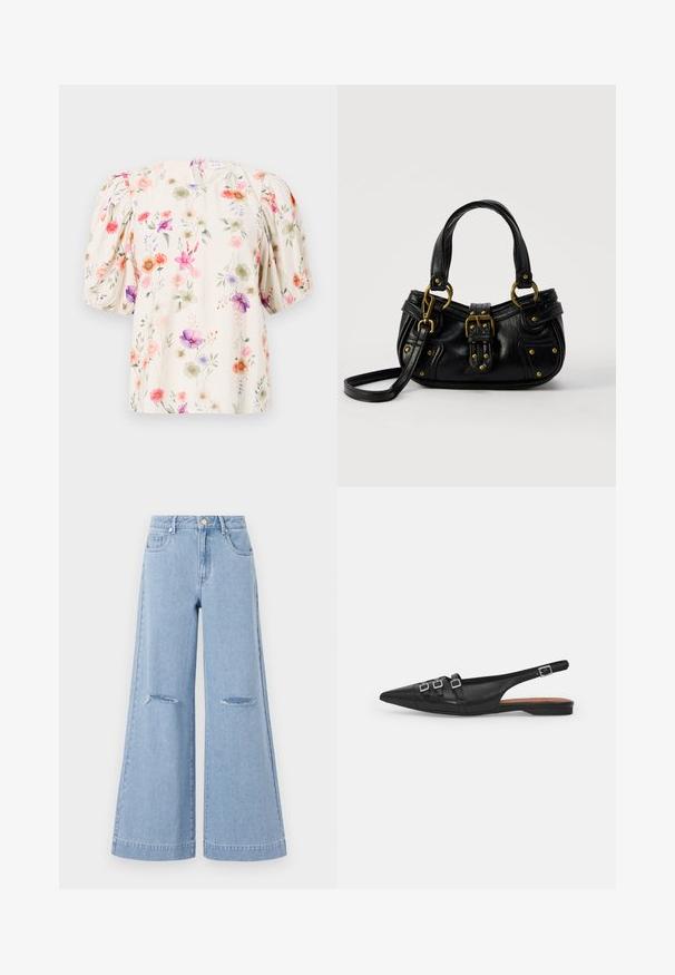 Blomstret bluse med puffærmer, der har en cremefarvet baggrund og farverige blomstermønstre i nuancer af pink, lilla og grøn.; Lyseblå bredbenede jeans med høj talje, der har to forlommer og to slidte knædetaljer, fremstillet af denimmateriale.; Sort læderslyngeflad sko med spids tå, der har to vandrette stropper og firkantede sølvspænder, lav hæl og glat tekstur.; Sort læderhåndtaske med guldbælge og nitdetaljer, korte håndtag og en justerbar skulderrem på en ensfarvet hvid baggrund.