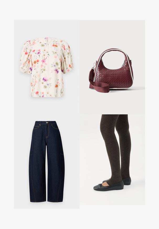Blomstret bluse med puffærmer, der har en cremefarvet baggrund og farverige blomstermønstre i nuancer af pink, lilla og grøn.; Bredde ben mørkeblå denimbukser med kontrasterende orangetråd, fem lommer og en knap- og lynlåslukning i taljen.; Ben iført mørke ribbede leggings kombineret med sorte balletsko med små sløjfedetaljer på hvid baggrund.; Mørkerød vævet lædertaske med buet hank, hvid kant, sølv lynlås og aftagelig bred stofskulderrem mod en ensfarvet baggrund.