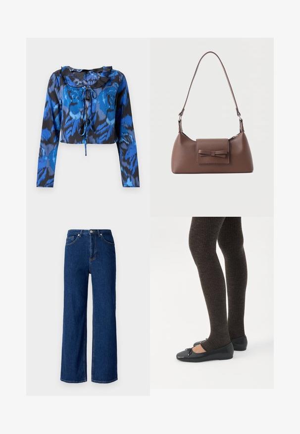 Haut court à manches longues imprimé bleu et noir avec un col froncé et un détail à nouer à l'avant. Tissu lisse avec une coupe décontractée.; Jean en denim à jambe large de couleur bleu foncé, avec un design classique à cinq poches, des coutures discrètes et une fermeture à bouton en métal au niveau de la taille.; Jambes portant des leggings côtelés foncés associés à des ballerines noires avec de petits détails en nœud sur fond blanc.; Sac à bandoulière en cuir marron avec une poche à rabat avant ornée d'un détail en forme de nœud cousu et une sangle réglable.
