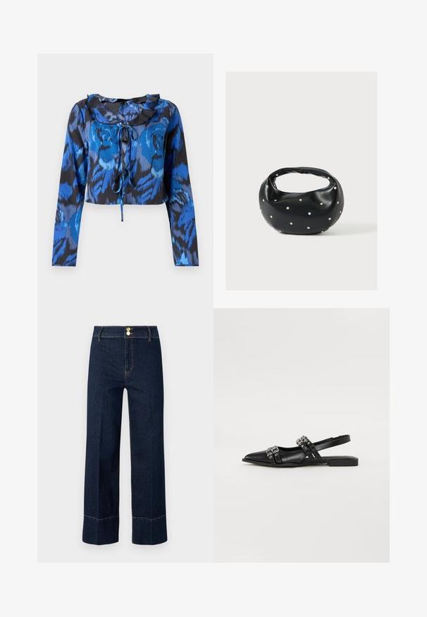 Haut court à manches longues imprimé bleu et noir avec un col froncé et un détail à nouer à l'avant. Tissu lisse avec une coupe décontractée.; Jeans taille haute large bleu marine avec double bouton doré et surpiqûres orange visibles sur un fond clair.; Even&Odd by Zalando Ballerines à brides arrière - black; Sac à main en cuir noir de forme arrondie, décoré de clous argentés et équipé d'une poignée courte. Texture lisse et fermeture éclair.
