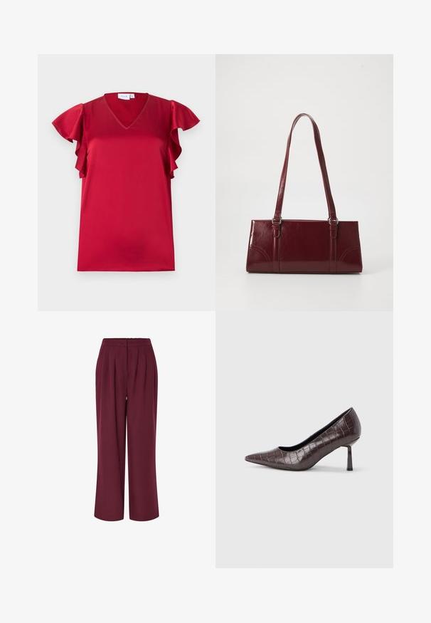 Blouse en satin rouge avec manches courtes volantées et décolleté en V, posée à plat sur un fond blanc.; Pantalons larges en tissu bourgogne, avec des plis à l'avant et une ceinture élastique. Texture lisse, design à longueur complète.; Escarpins à bout pointu en similicuir marron avec une texture crocodile, dotés d’un talon fin et angulaire ainsi que d’une doublure intérieure lisse.; Sac à main bordeaux en matériau brillant, de forme rectangulaire, avec deux anses et des accents légèrement courbés à l'avant.