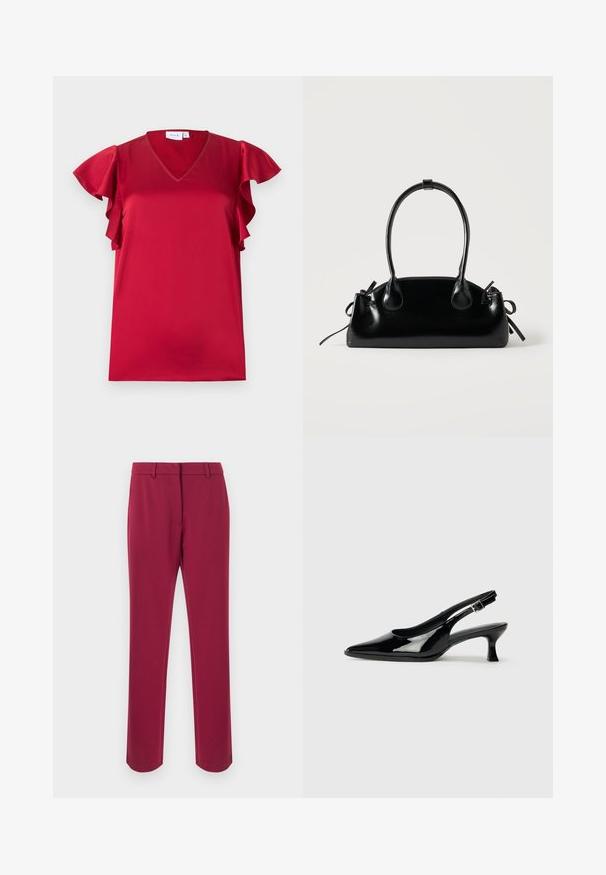 Blouse en satin rouge avec manches courtes volantées et décolleté en V, posée à plat sur un fond blanc.; Pantalon bordeaux en tissu lisse avec une coupe droite, équipé d'une ceinture, de passants pour ceinture et de poches latérales. Aucun détail décoratif.; Escarpins en cuir verni noir avec un bout pointu et un petit talon carré. Sangle réglable à la cheville avec boucle.; Petit sac à main noir brillant avec deux longues anses et des détails à cordon sur les côtés sur un fond clair uni.