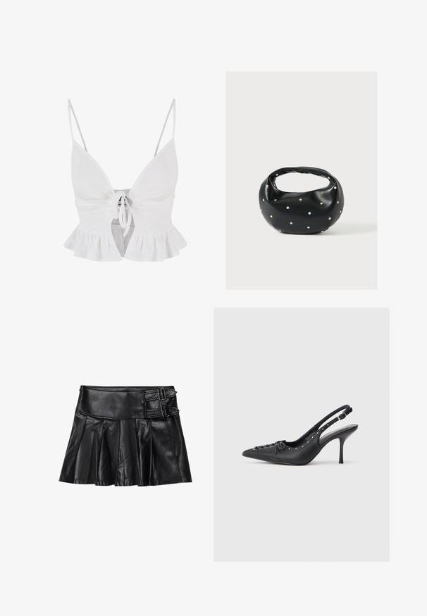 Haut court blanc à côtes avec bretelles spaghetti ajustables, fermeture à nouer à l'avant et détail de hem volanté. Texture douce et design ajusté.; Jupe en cuir noir avec des plis, taille large et deux accents à boucle sur le côté. Texture lisse avec une finition brillante.; Escarpin en cuir noir à talon aiguille avec un bout pointu, une bride latérale à boucle, des clous le long du bord et un laçage décoratif à l'avant.; Sac à main en cuir noir de forme arrondie, décoré de clous argentés et équipé d'une poignée courte. Texture lisse et fermeture éclair.