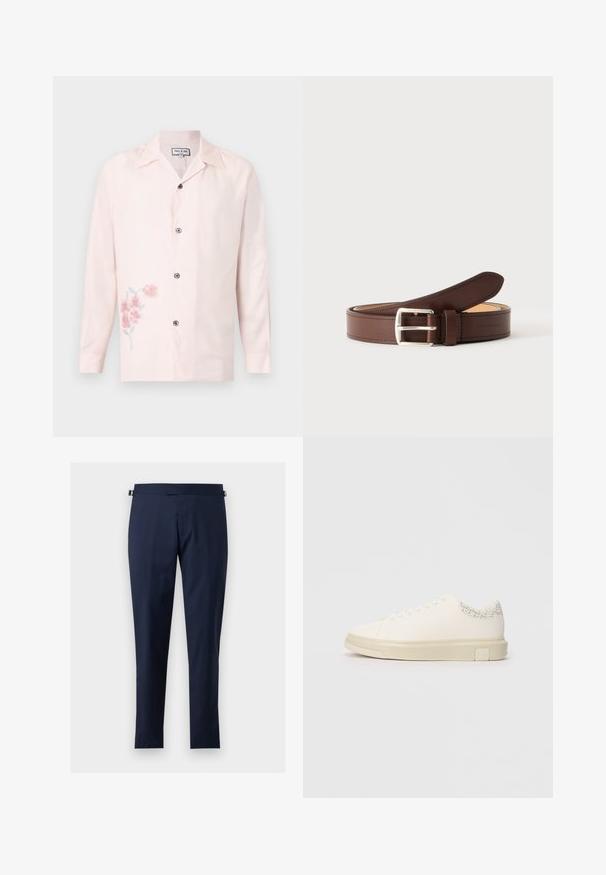 Chemise rose pâle à manches longues avec boutons, col cranté et petit imprimé floral rose en bas à gauche.; Pantalon habillé coupe slim bleu marine avec réglages latéraux à la taille, fermeture éclair frontale et sans poches visibles, présenté sur un fond clair uni.; Sneaker blanc avec une tige en toile lisse, des lacets plats, un col rembourré et un accent gris texturé à l'arrière. Semelle en caoutchouc épaisse.; Ceinture en cuir marron avec boucle rectangulaire argentée enroulée sur un fond gris clair, montrant une couture détaillée le long des bords.