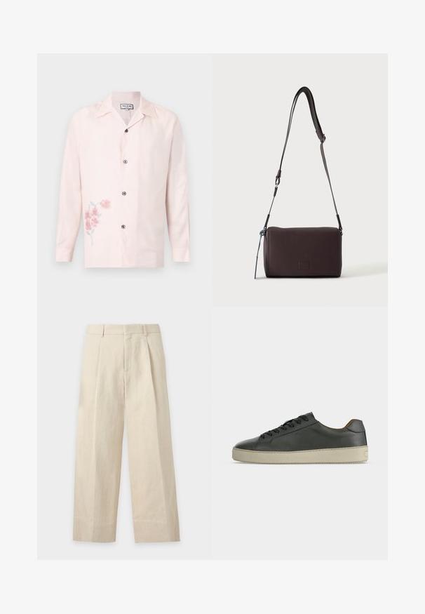 Chemise rose pâle à manches longues avec boutons, col cranté et petit imprimé floral rose en bas à gauche.; Pantalon beige à jambes larges avec passants de ceinture, plis devant et fermeture avant dissimulée.; Baskets basses en cuir noir avec lacets noirs et semelle en caoutchouc écrue, vues de côté extérieur sur fond blanc.; Sac bandoulière en cuir marron foncé texturé avec une sangle réglable et un petit accent décoratif bleu sur le côté.