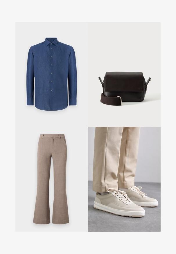 Mørkeblå langærmet skjorte lavet af et let tekstureret stof. Har en klassisk krave og seks knapper foran.; Beige flagrende bukser lavet af et tekstureret stof, med lynlåslukning og sidelommer for funktionalitet. Skræddersyet design.; Beige sneakers med en tekstureret overdel, hvide såler og stikninger, parret med beige bukser, præsenteret på en grå overflade.; Mørkebrun lædertaske med flaplukning og justerbar stofrem på hvid baggrund.