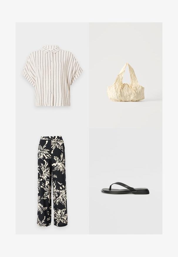 Chemise à manches courtes, col, en tissu crème avec des rayures verticales bleu marine. Devant à boutons, design court et coupe décontractée.; Pantalons larges en tissu noir ornés d'un grand motif floral crème. Le design comprend une taille haute et une silhouette fluide.; Tongs noires en cuir lisse, avec un design de sangle fine et une semelle plate à profil minimal. Aucun motif ou accent notables.; Sac à main en tissu texturé couleur crème avec des anses sur le dessus et un petit nœud noué au centre devant.