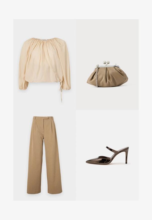 Beige Bluse mit Puffärmel aus leichtem Baumwollstoff. Mit gerafftem Ausschnitt und Kordelzug am Saum für eine verstellbare Passform. Glatte Textur.; Weite Hosen in einem hellbraun, aus strukturiertem Stoff. Mit vorderen Falten und einem angepassten Taillenbund. Einfaches Design ohne Sichtteile.; Glänzender dunkelbrauner Mule mit spitzer Spitze und hohem Absatz mit schmalem Riemen über dem Spann vor weißem, einfachem Hintergrund.; Lederclutch in sanftem Beige mit abgerundeter Form, plissierter Textur, silbernem Kissenschloss und abnehmbarem Kettenriemen.
