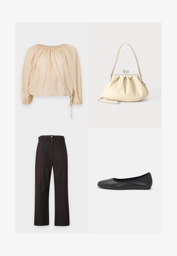 Blusa de manga abullonada en algodón ligero color beige. Presenta un escote fruncido y un cordón en el dobladillo para un ajuste regulable. Textura suave.; Pantalones de pierna ancha negros con una textura suave, que presentan un cierre de botón y un bucle para cinturón en la cintura. Incluyen un sutil detalle de costura.; Bailarina de piel negra con punta redondeada, textura suave, detalle de costura minimalista y diseño de suela flexible.; Bolso de mano de piel suave color crema con diseño fruncido, cierre de marco plateado, asa corta y una correa de cadena desmontable.