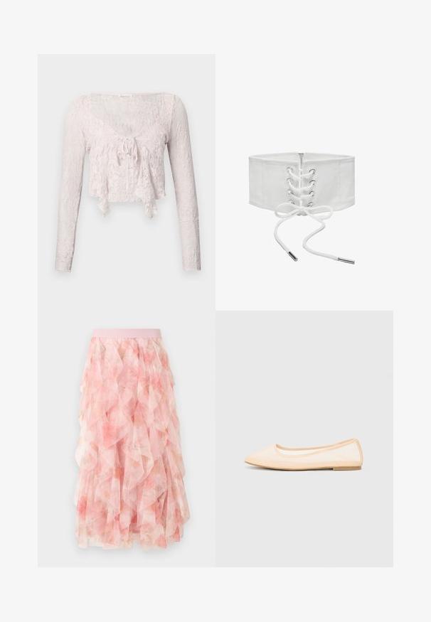 Haut court en dentelle rose clair avec manches longues, décolleté en V, et un détail à nouer à l'avant. Motif floral texturé sur l'ensemble.; Jupe midi en tulle rose à couches avec motif floral et taille élastique, présentant des textures douces et volantées.; Ballerines beiges avec un bout pointu, une semelle plate et un dessus en maille translucide. Agrémentées de coutures simples le long des bords.; Large ceinture corset blanche avec laçage devant, œillets métalliques et fermeture éclair, présentée sur un fond blanc uni.
