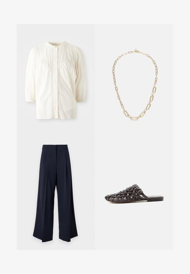 Blouse blanche à boutons avec un col rond, des épaules plissées et des manches longues. Présente de subtils rayures verticales et une coupe décontractée.; Pantalon large bleu marine avec plis sur le devant, passants pour ceinture et fermeture avant dissimulée.; Sandale plate noire avec dessus en cuir tressé et design à bout ouvert, posée sur une surface blanche.; Collier en chaîne en or avec des maillons ovales allongés et des accents de pierres précieuses claires rondes. Il dispose d'un fermoir sécurisé et d'une finition polie.