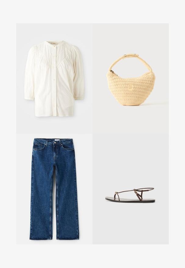 Blusa blanca de botones con cuello redondo, hombros plisados y mangas largas. Presenta sutiles rayas verticales y un corte relajado.; Jeans de pierna ancha en denim azul oscuro con un acabado texturizado, que cuentan con cinco bolsillos, remaches de metal y un cierre de botón.; Sandalia de cuero marrón con tiras finas, un acento circular dorado y suela plana. Diseño minimalista con un detalle de hebilla ajustable.; Bolso tejido beige con cuerpo redondeado, cierre de cremallera y una correa corta y gruesa en un estilo de crochet simple y texturizado.